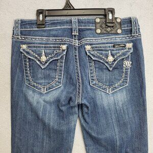 Miss Me Jeans Womens 30 Boot Flap Pockets Whiskered Blue Denim Stretch Distresse